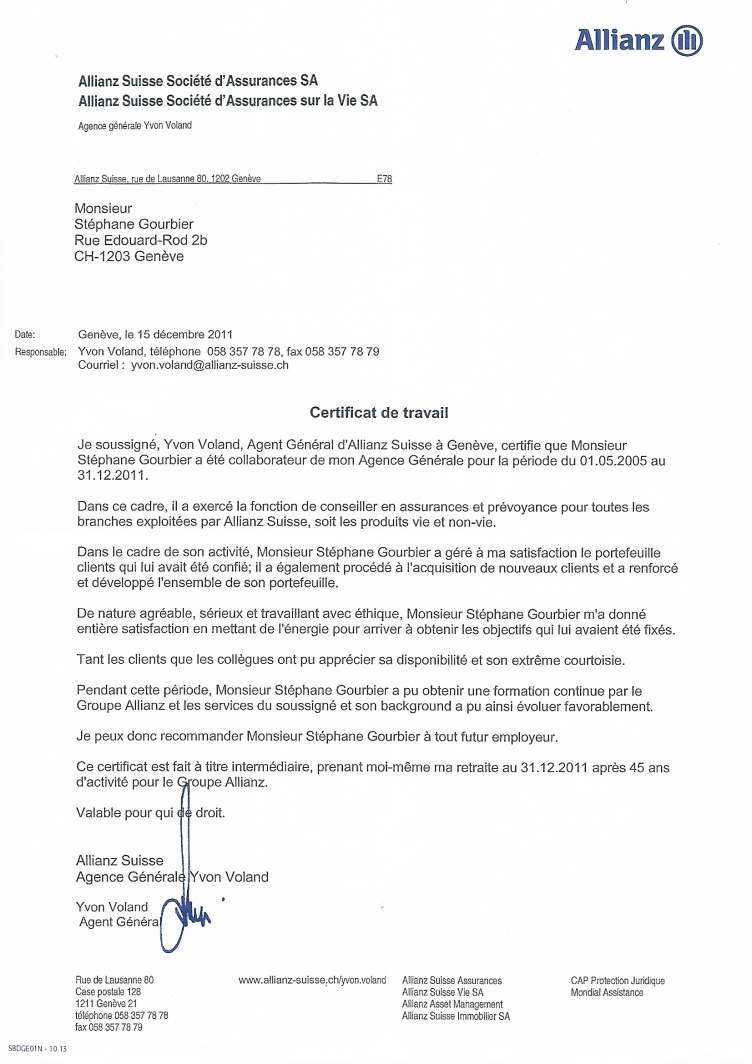 Certificat de travail Allianz 2011