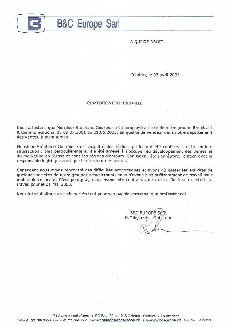 Certificat de travail B&C Europe 2003