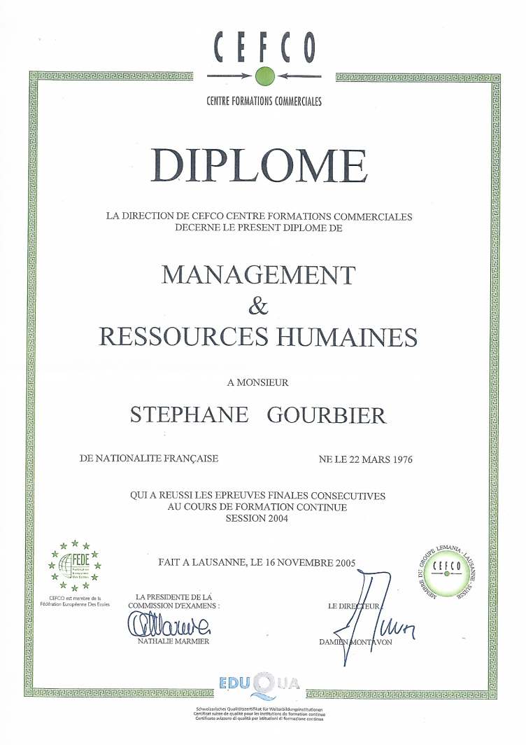Diplôme Cefco Management et RH 2005