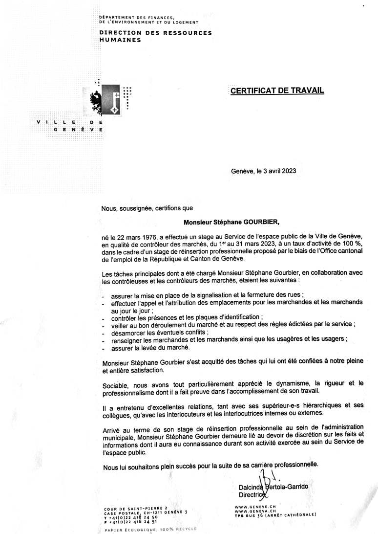 Certificat de travail Ville de Genève 2023